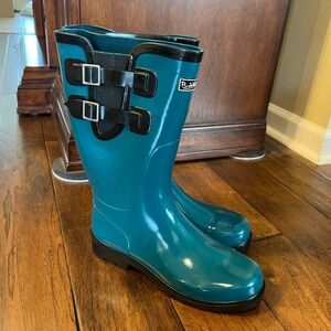 Teal/ black Puddleton Rain Boots with Buckle Detail